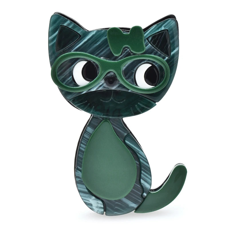 Acrylic Cat with Glasses and Bow Brooch — Green
