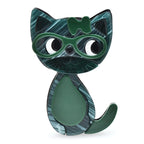Acrylic Cat with Glasses and Bow Brooch — Green