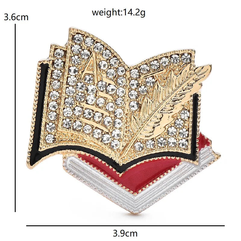 Rhinestone Open Book and Quill Brooch — dimensions