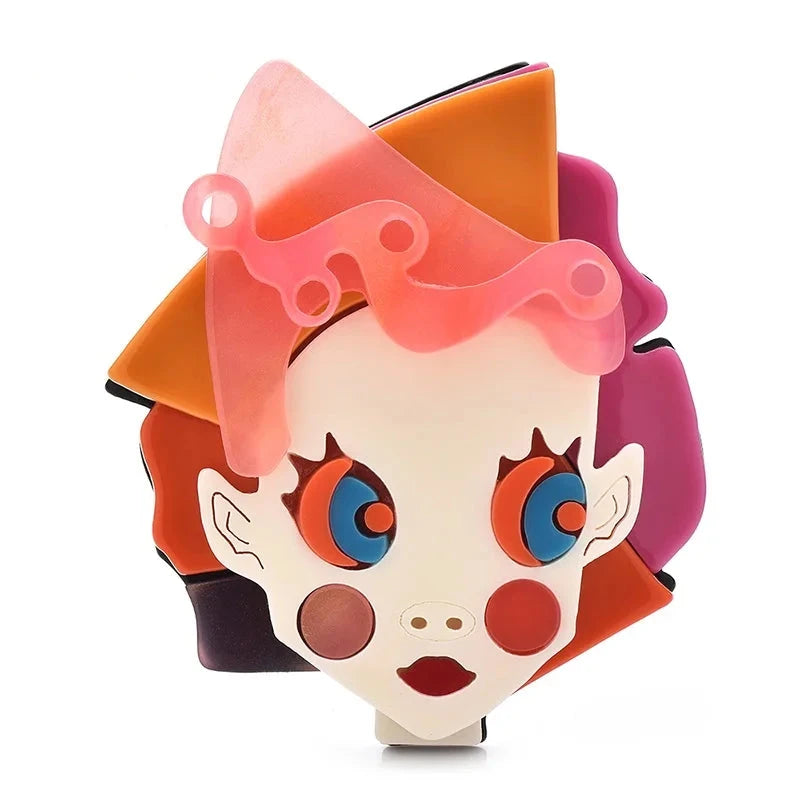 Layered Acrylic Clown Face Brooch — Pink-Haired Clown