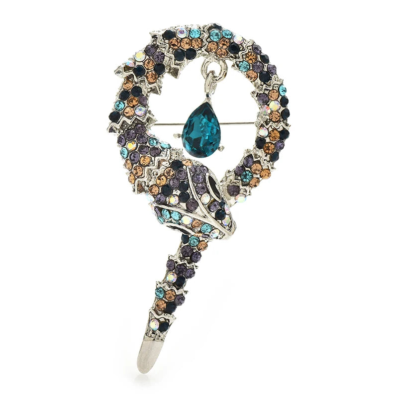 Coiled Rhinestone Snake Brooch — Blue