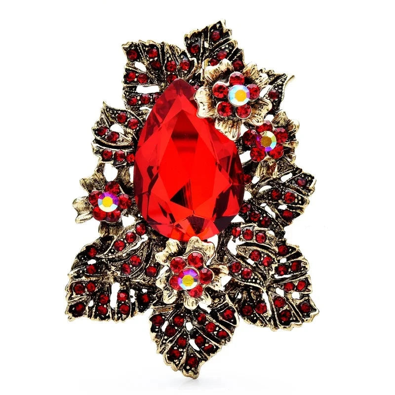 Vintage-Style Floral Cluster with Teardrop Center Brooch — Red