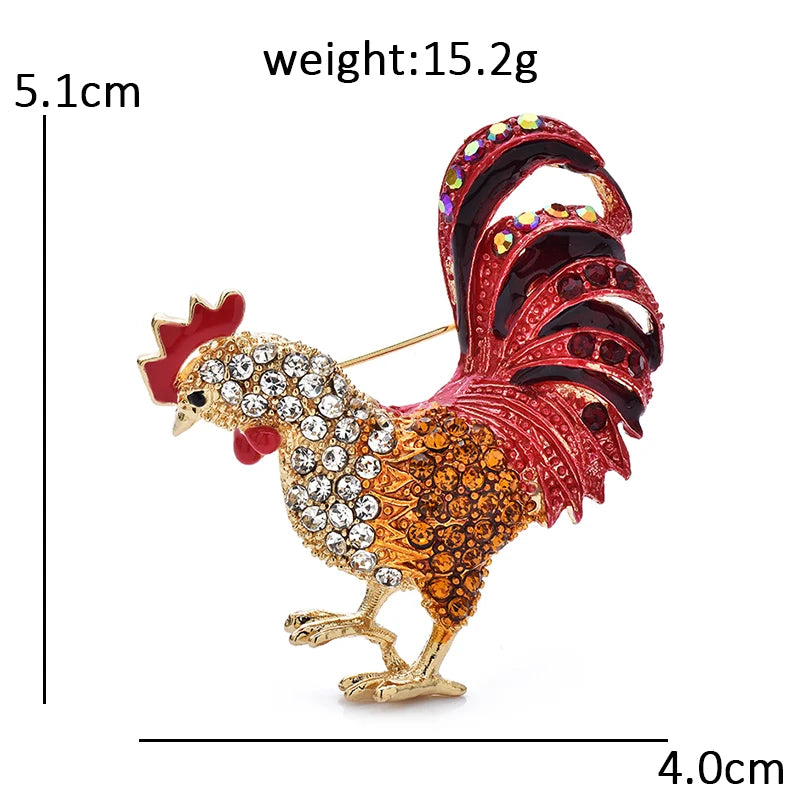 Red-Tailed Rhinestone Rooster Brooch