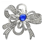 Rhinestone Flower Bow with Blue Center Brooch — Blue & Silver