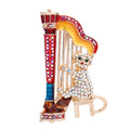 Jeweled Cat Playing a Harp Brooch