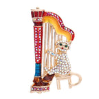 Jeweled Cat Playing a Harp Brooch