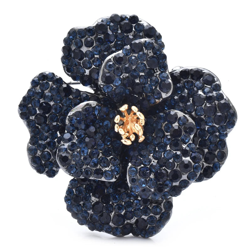 Layered Rhinestone Flower with Golden Center Brooch — Dark Blue