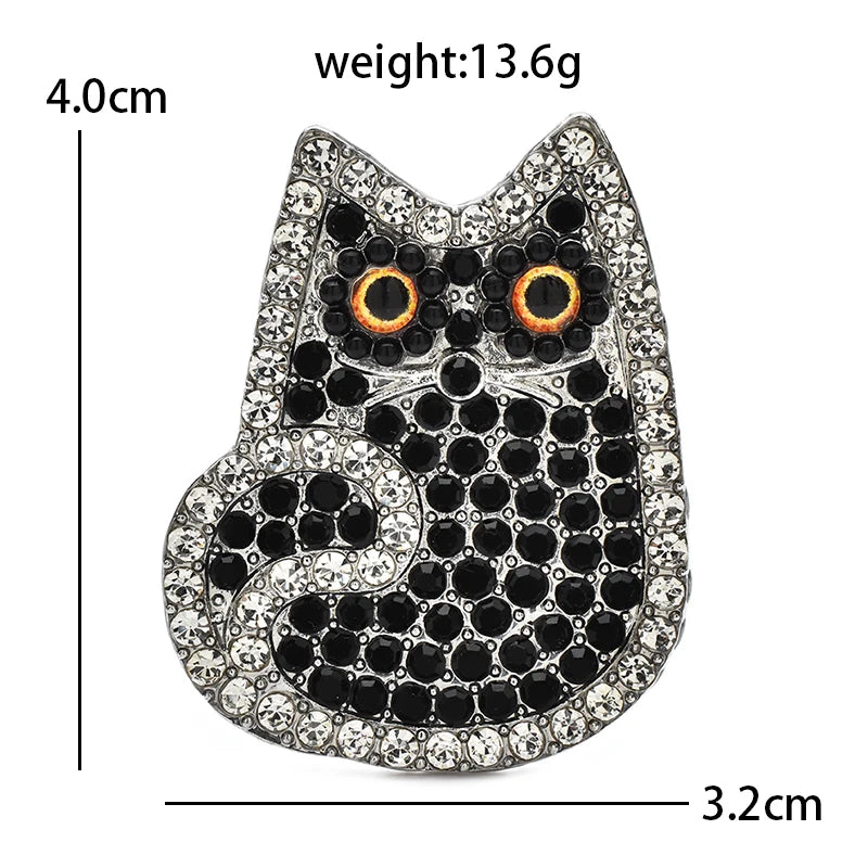 Rhinestone Sitting Cat with Amber Eyes Brooch — dimensions