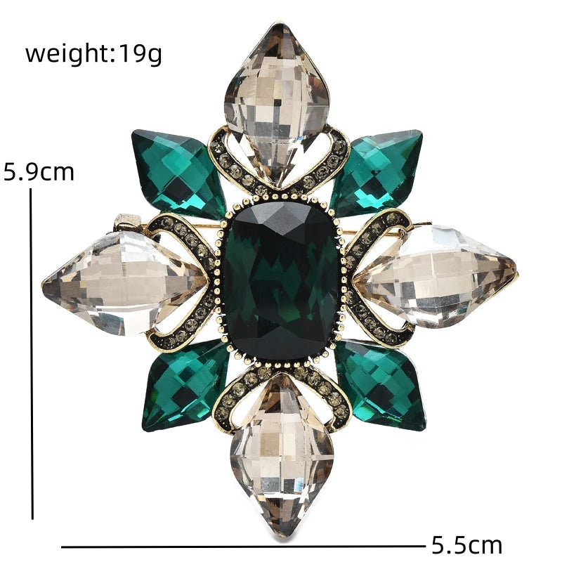 Vintage-Style Emerald-Tone and Clear Faceted Flower Brooch — dimensions