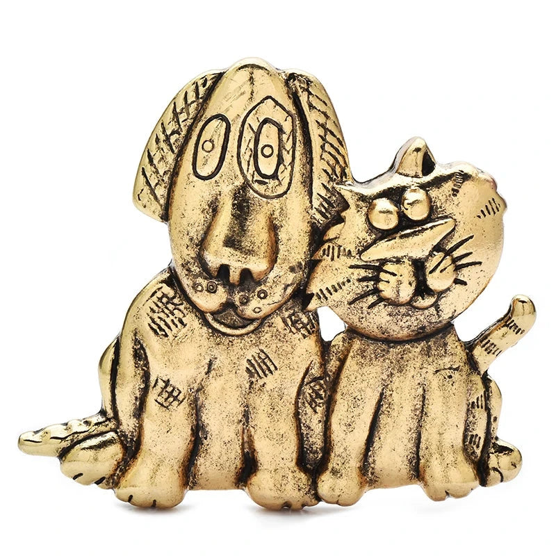 Vintage-Style Dog and Cat Pair Brooch — Gold