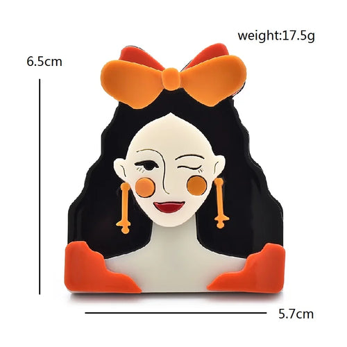 Acrylic Winking Lady with Bow Brooch — dimensions