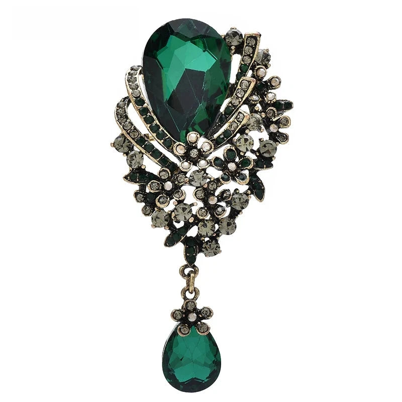 Floral Teardrop with Dangling Stone Brooch — Green