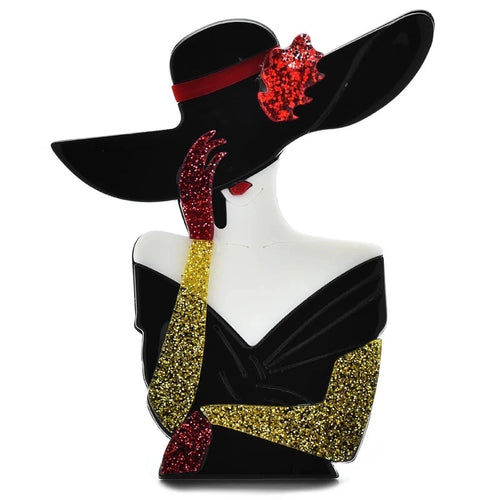 Acrylic Lady in Wide-Brim Hat Brooch — Black