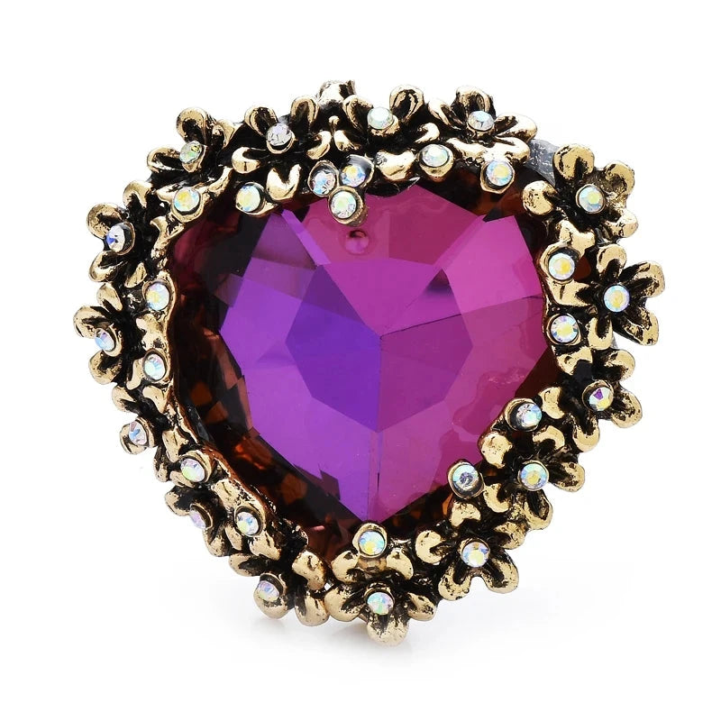 Vintage-Style Faceted Heart with Ornate Floral Border Brooch — Purple