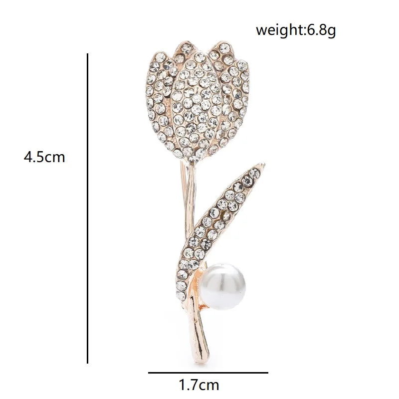 Rhinestone Tulip with Pearl-Look Accent Brooch — dimensions