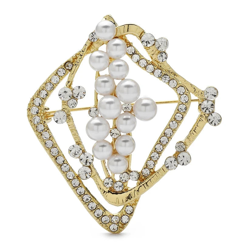 Geometric Diamond Frame with Pearl-Look Beads Brooch — Pearl-Look Diamond Frame