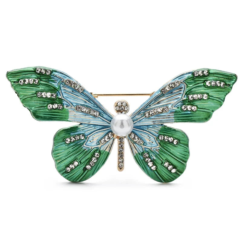 Enamel Butterfly with Sparkling Wing Stripes Brooch — Green
