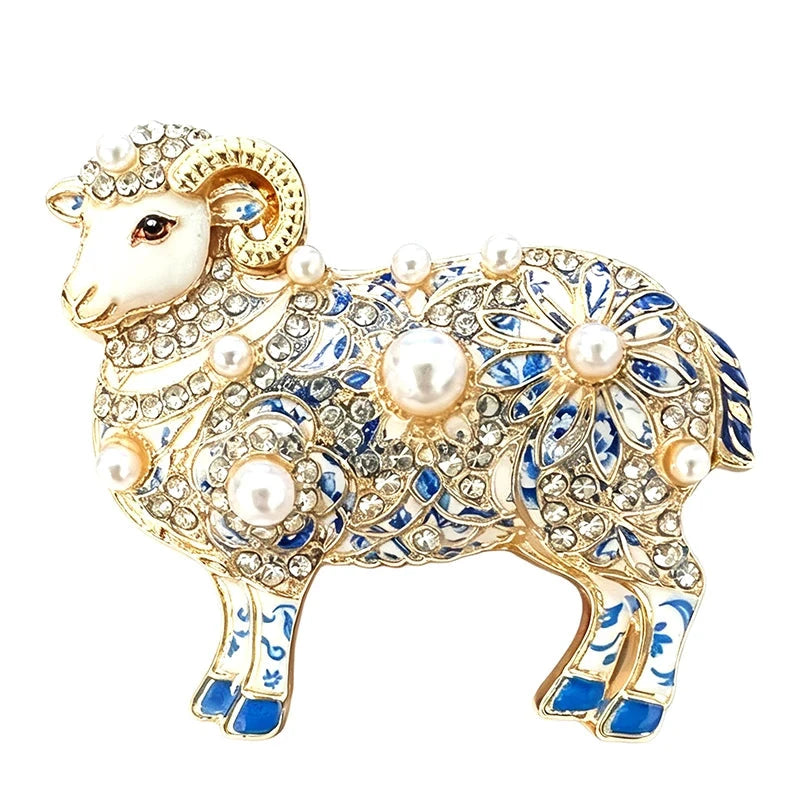 Blue and White Pearl-Look Accent Ram Brooch original white background product photo