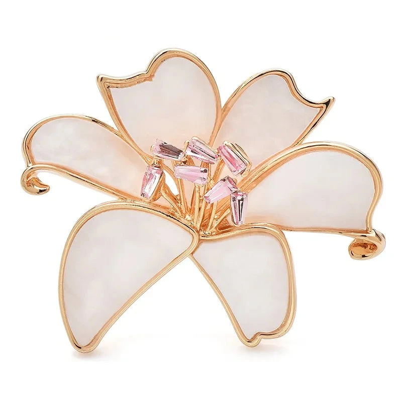 Pearlescent Flower with Curved Petals Brooch — White