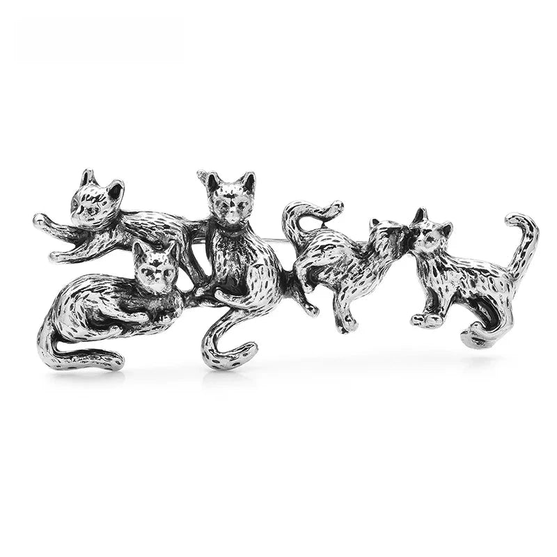 Five Playful Cats with Textured Fur Brooch — Antique Silver