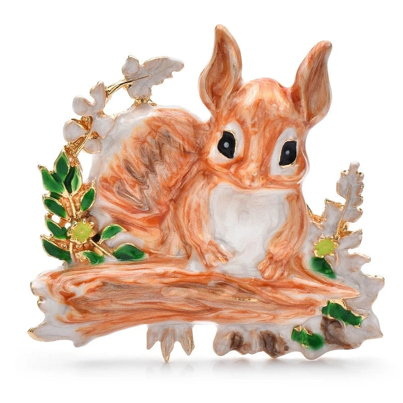 Enamel Squirrel on a Woodland Branch Brooch — Orange & Green