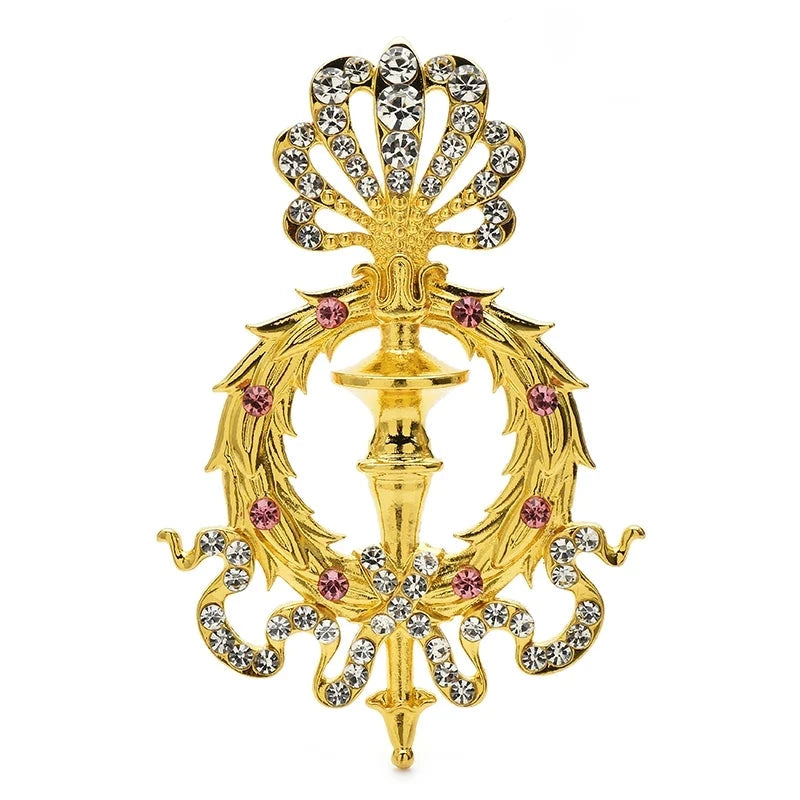 Jeweled Crown and Sword Emblem Brooch — Red