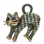 Arched-Back Rhinestone Cat Brooch — Green