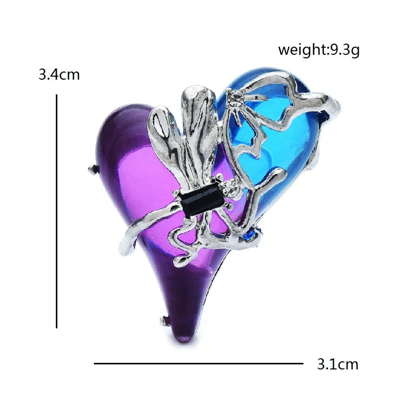 Blue and Purple Heart with Silver-Tone Dragonfly Brooch — dimensions