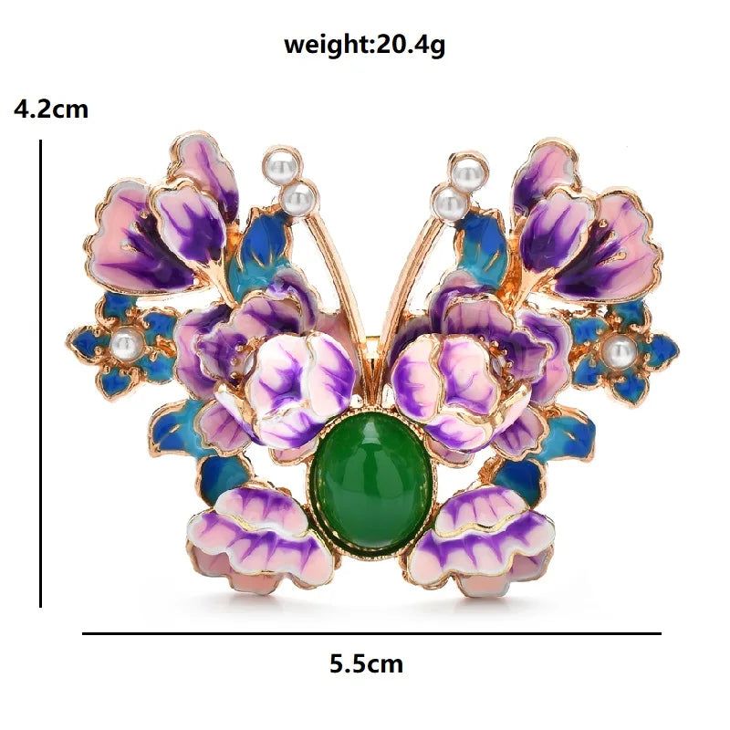 Peony Butterfly with Green Cabochon Brooch — dimensions