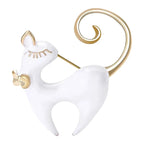 Enamel Cat with Curled Golden Tail Brooch — White