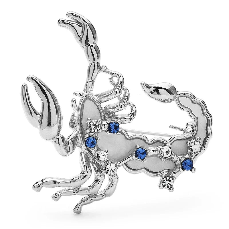 Scorpio Zodiac with Blue Star Accents Brooch — Silver