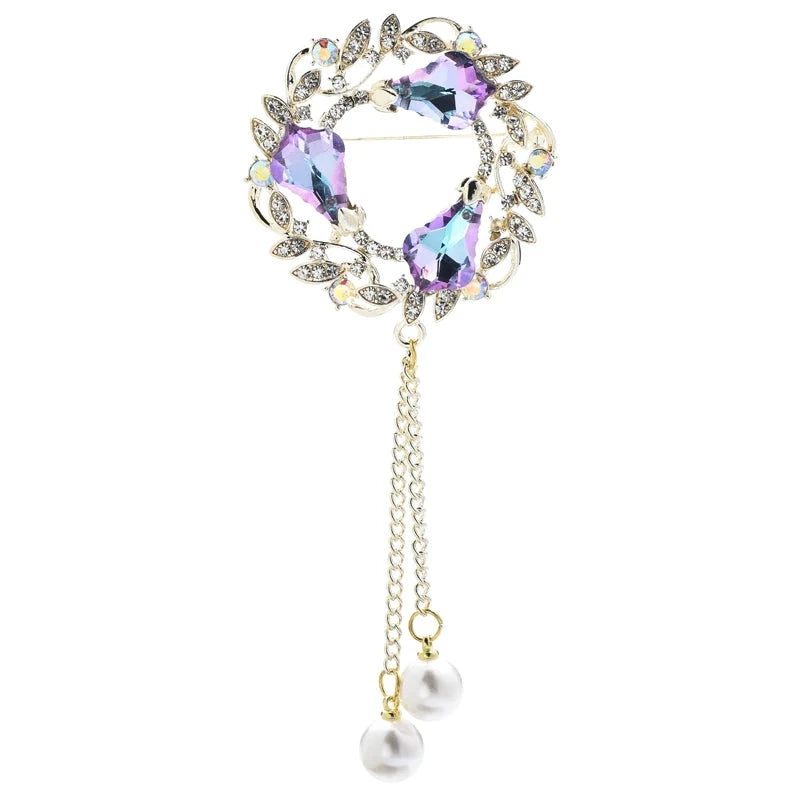 Jeweled Wheat Wreath with Pearl-Look Chain Tassels Brooch — Purple
