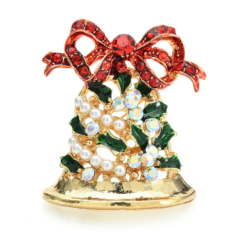 Jeweled Christmas Bells and Holly Brooch