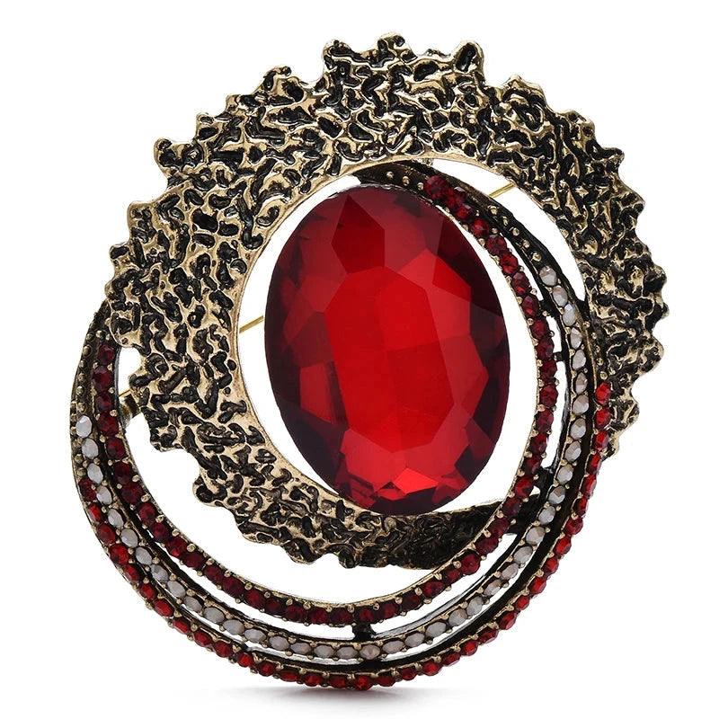 Vintage-Style Faceted Oval with Layered Frame Brooch — Red