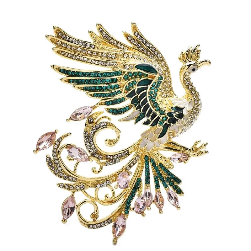 Green Enamel Phoenix with Rhinestones Brooch — Green Phoenix