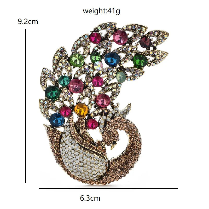 Large Multicolor Jeweled Peacock Brooch