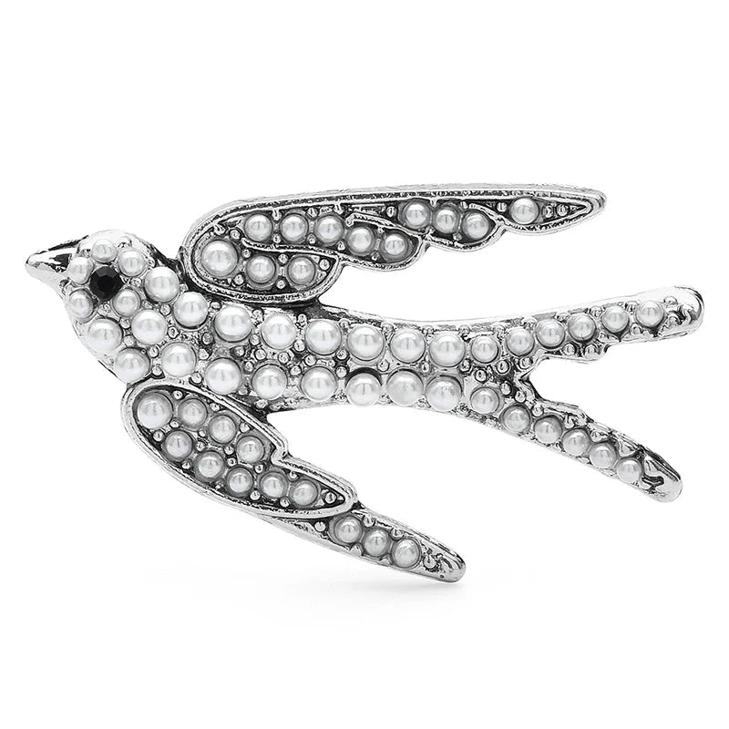 Pearl-Look Flying Swallow Brooch — Silver