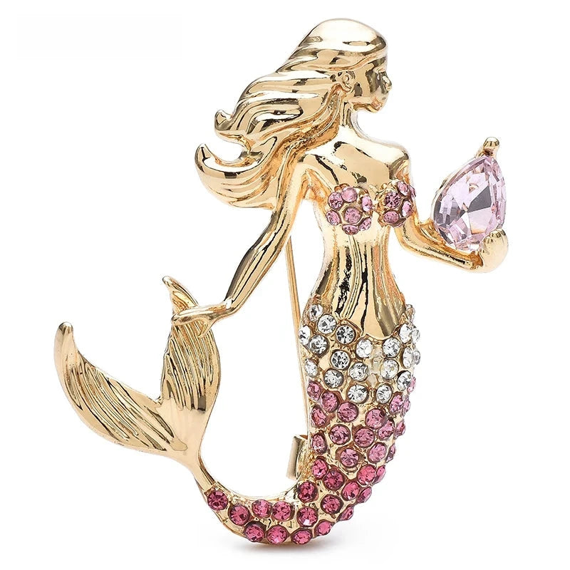 Mermaid Holding Crystal Conch Brooch — Pink