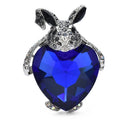 Rabbit Hugging Blue Heart Crystal Brooch — Sapphire Blue