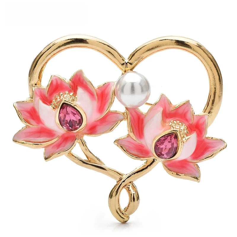 Pink Lotus Flowers in Golden Heart Brooch — Lotus Heart