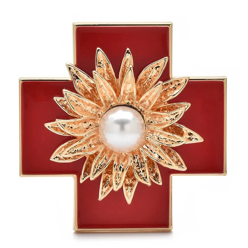 Baroque Enamel Cross with Pearl-Look Flower Brooch — Red
