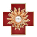 Baroque Enamel Cross with Pearl-Look Flower Brooch — Red