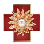 Baroque Enamel Cross with Pearl-Look Flower Brooch — Red