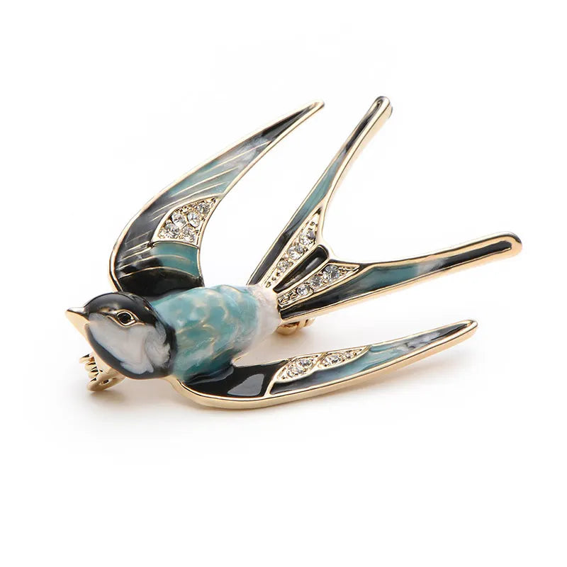 Patterned Enamel Flying Swallow Brooch — Teal & Silver