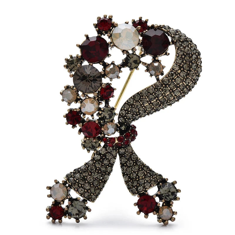 Vintage-Style Floral Rhinestone Bow Brooch — Red