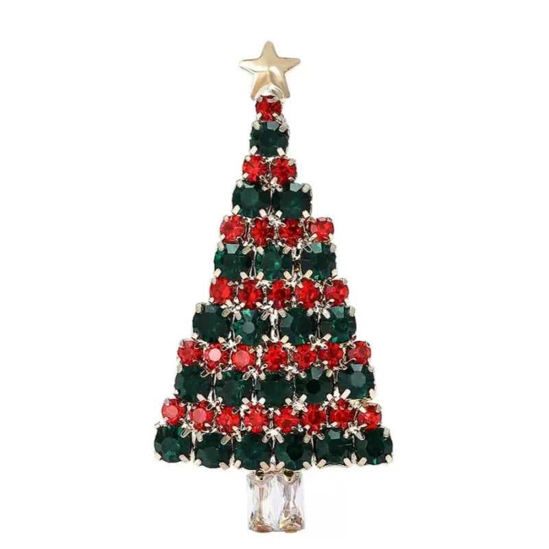 Rhinestone Christmas Tree with Star Brooch — Red & Green