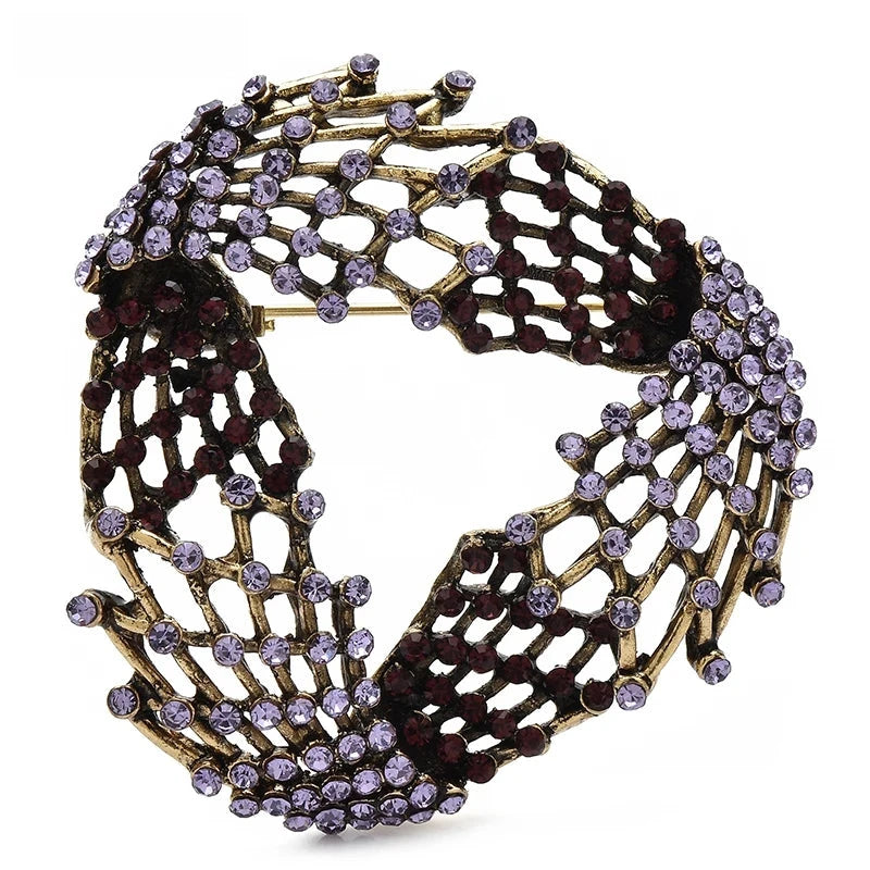 Triangular Lattice Wreath with Rhinestones Brooch — Purple