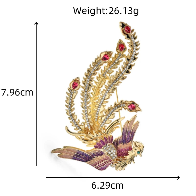 Soaring Enamel Phoenix with Jeweled Tail Brooch — dimensions