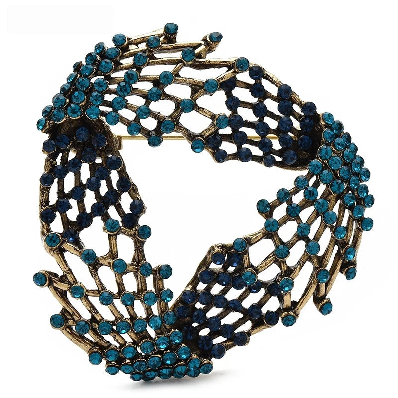 Triangular Lattice Wreath with Rhinestones Brooch — Blue