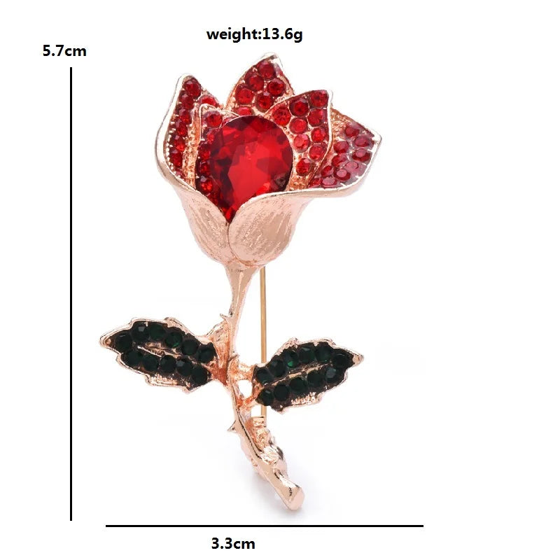 Faceted Rose with Rhinestone Leaves Brooch — dimensions